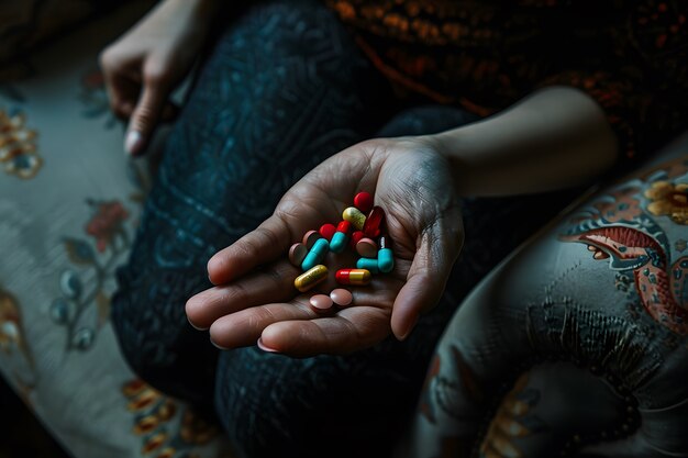 La mano con las pastillas entorno oscuro