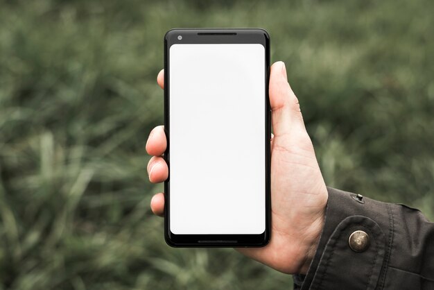 La mano de una persona que muestra un teléfono celular con pantalla en blanco en blanco