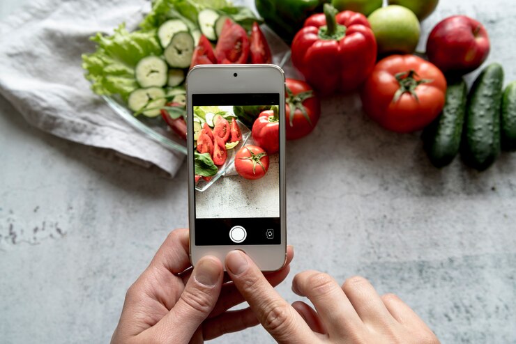 Foto gratuito una mano de persona tomando foto de vegetales frescos en el fondo