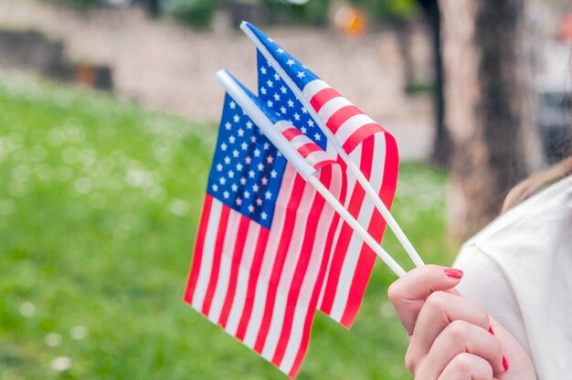 Mano que agita la bandera americana.