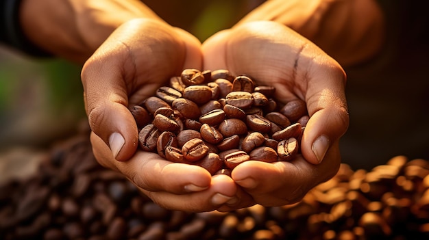 Una mano que presenta un grano de café que simboliza el tiempo de la cosecha