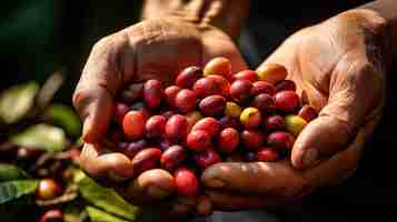 Foto gratuita una mano que presenta un grano de café que simboliza el tiempo de la cosecha