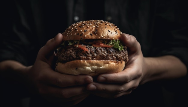 Foto gratuita mano que sostiene una hamburguesa con queso fresca a la parrilla en un bollo de sésamo generado por ia