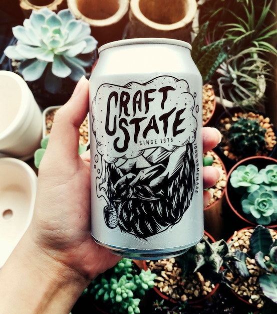 Mano que sostiene la lata de cerveza del estado del arte con el fondo de las plantas de interior