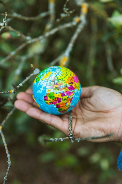 Mano que sostiene el pequeño globo en la naturaleza