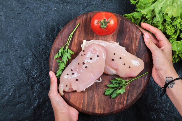 Mano que sostiene la placa de madera de filete de pollo crudo con verduras en la mesa oscura.