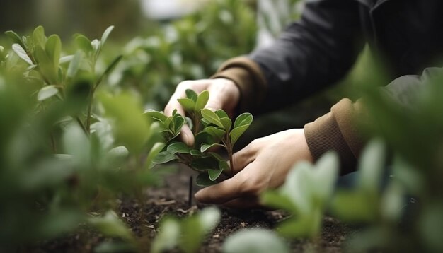 Mano que sostiene plántulas verdes frescas comienza una nueva vida generada por IA