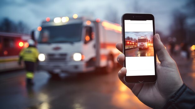 Mano que sostiene un teléfono inteligente con una ambulancia en acción visible en la pantalla