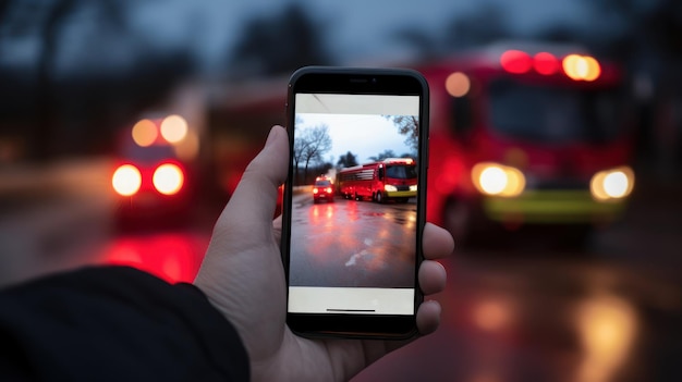 Foto gratuita mano que sostiene un teléfono inteligente con una ambulancia en acción visible en la pantalla
