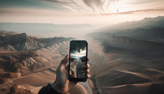 Mano que sostiene un teléfono inteligente captura la belleza de la montaña generada por IA