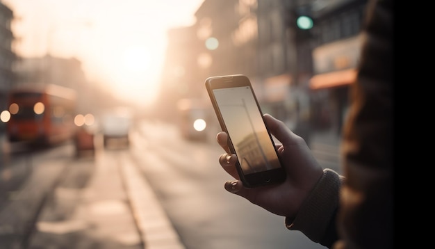 Mano que sostiene un teléfono inteligente captura el horizonte de la ciudad generado por IA