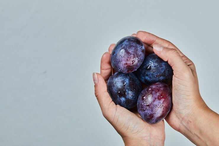 Foto gratuito mano sosteniendo ciruelas frescas en gris.