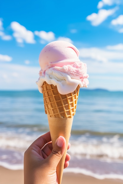 Mano sosteniendo delicioso helado al aire libre