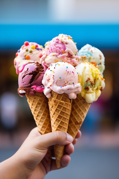 Mano sosteniendo deliciosos helados al aire libre