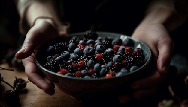 Foto gratuita mano sosteniendo desbordamientos de frescura de postre de bayas rústicas generados por ia