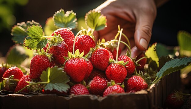 Mano sosteniendo fresas frescas maduras, un dulce refrigerio de verano generado por inteligencia artificial