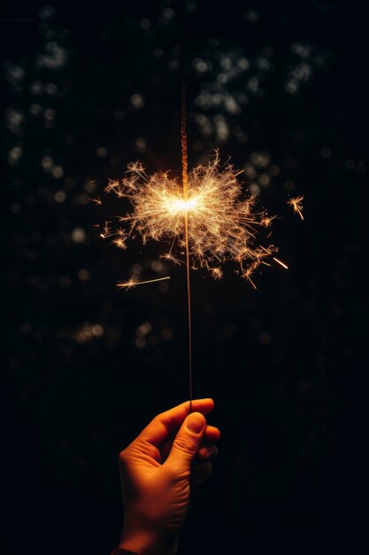 La mano sosteniendo fuegos artificiales en la oscuridad