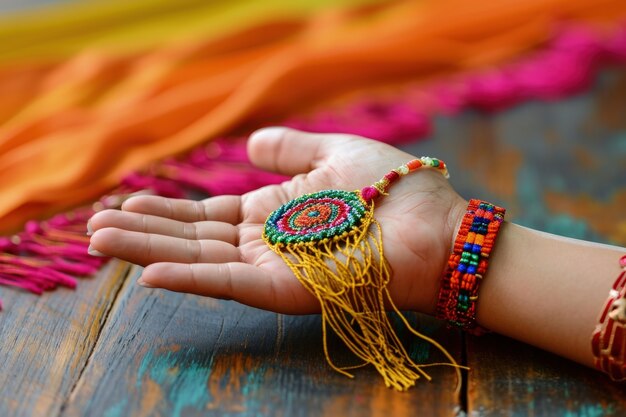 Mano sosteniendo navratri decoración muy detallada