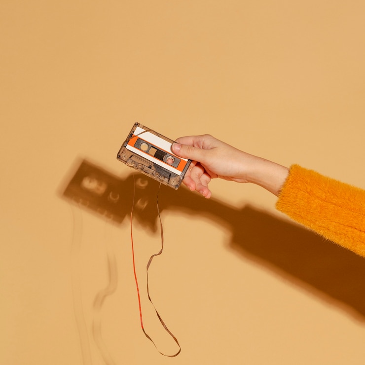Foto gratuito mano sosteniendo una vieja cinta de cassette