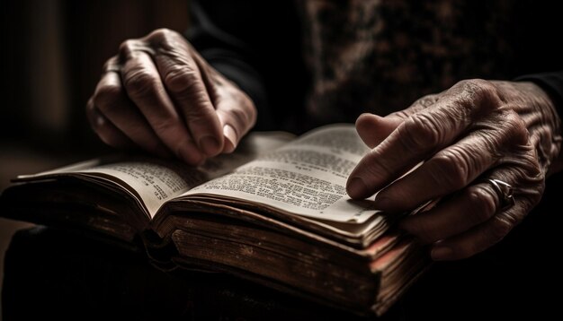 Mano sujetando la Biblia estudiando texto religioso en interiores generado por IA