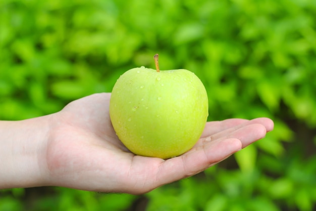 Mano sujetando una manzana