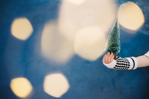 Foto gratuita mano sujetando pequeño árbol de navidad