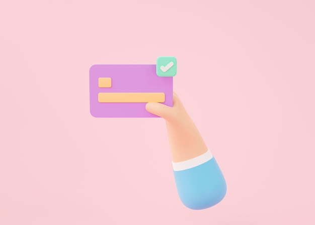 Mano sujetando y usando tarjeta de crédito para pagar compras en línea sobre fondo rosa 3d renderizado