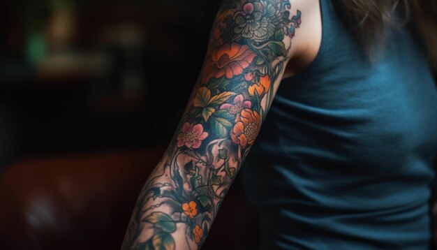 Una mano tatuada de una mujer sostiene una decoración floral generada por IA