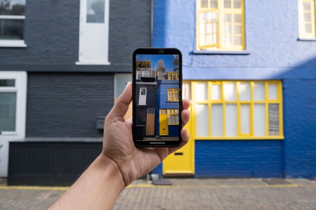 Mano tomando fotos con teléfono inteligente en la ciudad