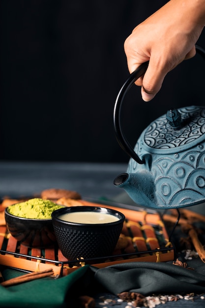 Mano vertiendo té matcha en tazas