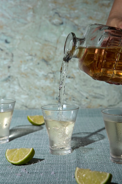 Mano vertiendo tequila en taza