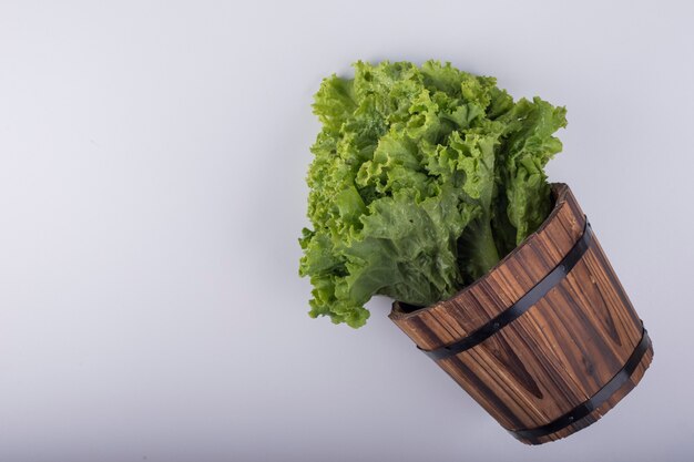 Un manojo de lechuga en un balde de madera.