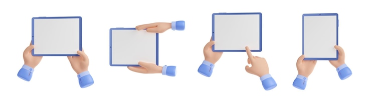 Foto gratuito las manos 3d sostienen una tableta con pantalla en blanco