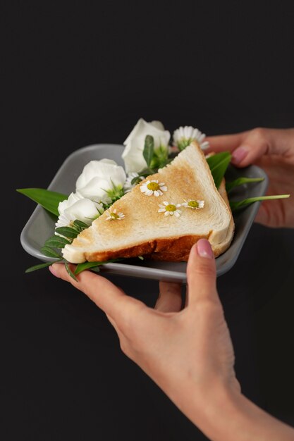 Manos de alto ángulo sosteniendo plato con sándwich