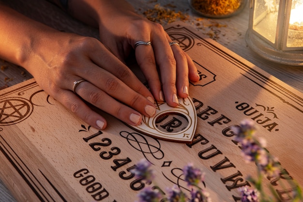 Manos de ángulo alto usando tablero de ouija