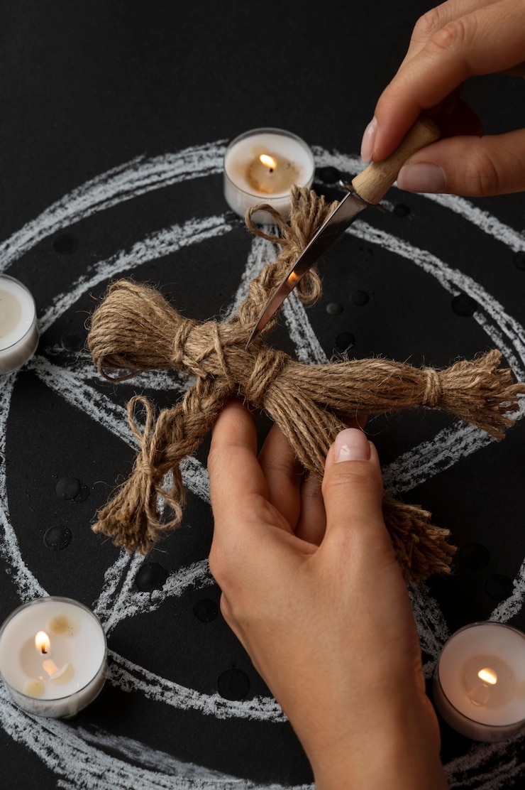 Foto gratuito manos apuñalando a un muñeco vudú de alto ángulo