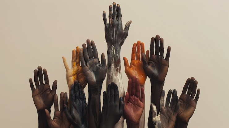 Foto gratuito manos de diferentes colores de piel y etnias que se unen en señal de diversidad