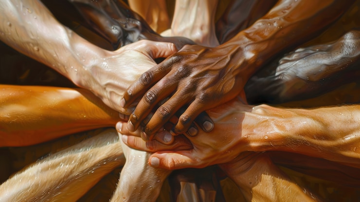 Foto gratuito manos de diferentes colores de piel y etnias que se unen en señal de diversidad