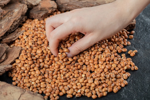 Manos femeninas tomando un montón de frijoles rojos.