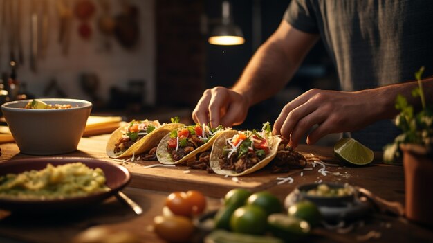 Manos haciendo deliciosos tacos