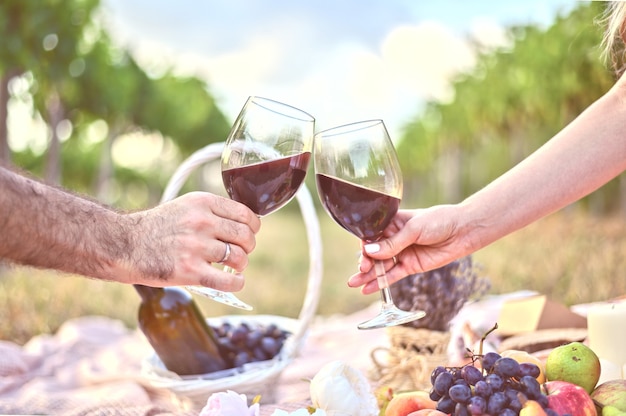 Manos de hombre y mujer con dos copas de vino tostadas en el picnic al aire libre