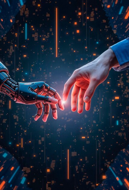 Manos humanas y robóticas tocándose en el espacio digital