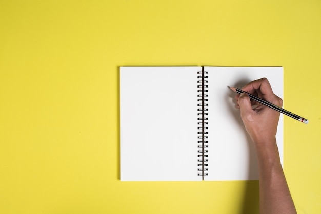 Manos de mujer con cuaderno en blanco