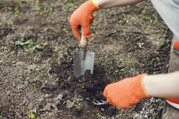 Manos de mujer en guantes plantando plantas jóvenes