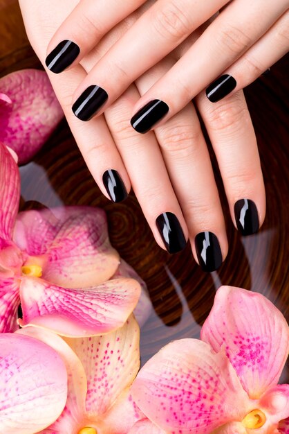 Manos de mujeres hermosas con manicura negra después de los procedimientos de Spa - Concepto de tratamiento de Spa