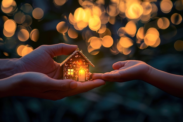 Foto gratuita manos con una pequeña casa con luces