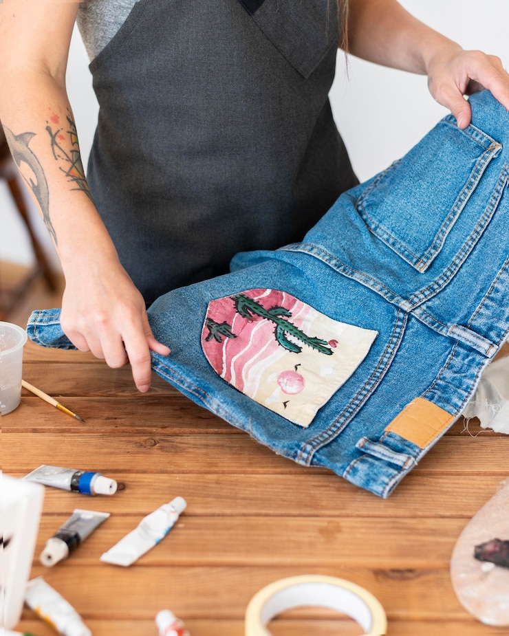 Foto gratuito manos de primer plano sosteniendo pantalones cortos pintados
