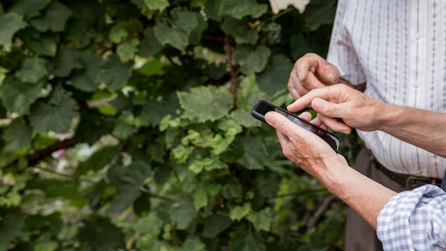 Foto gratuita manos de primer plano sosteniendo smartphone