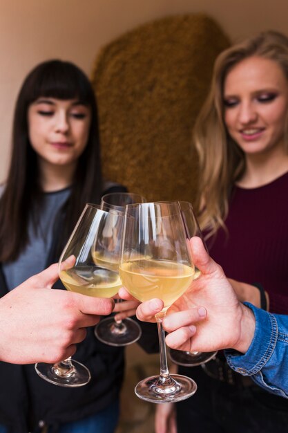 Manos sosteniendo las copas de vino haciendo un brindis