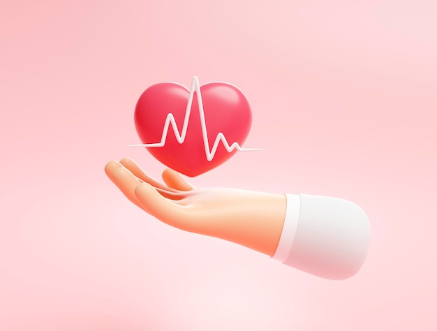 Manos sosteniendo el latido del corazón rojo ola familia y concepto de atención médica sobre fondo blanco ilustración 3d